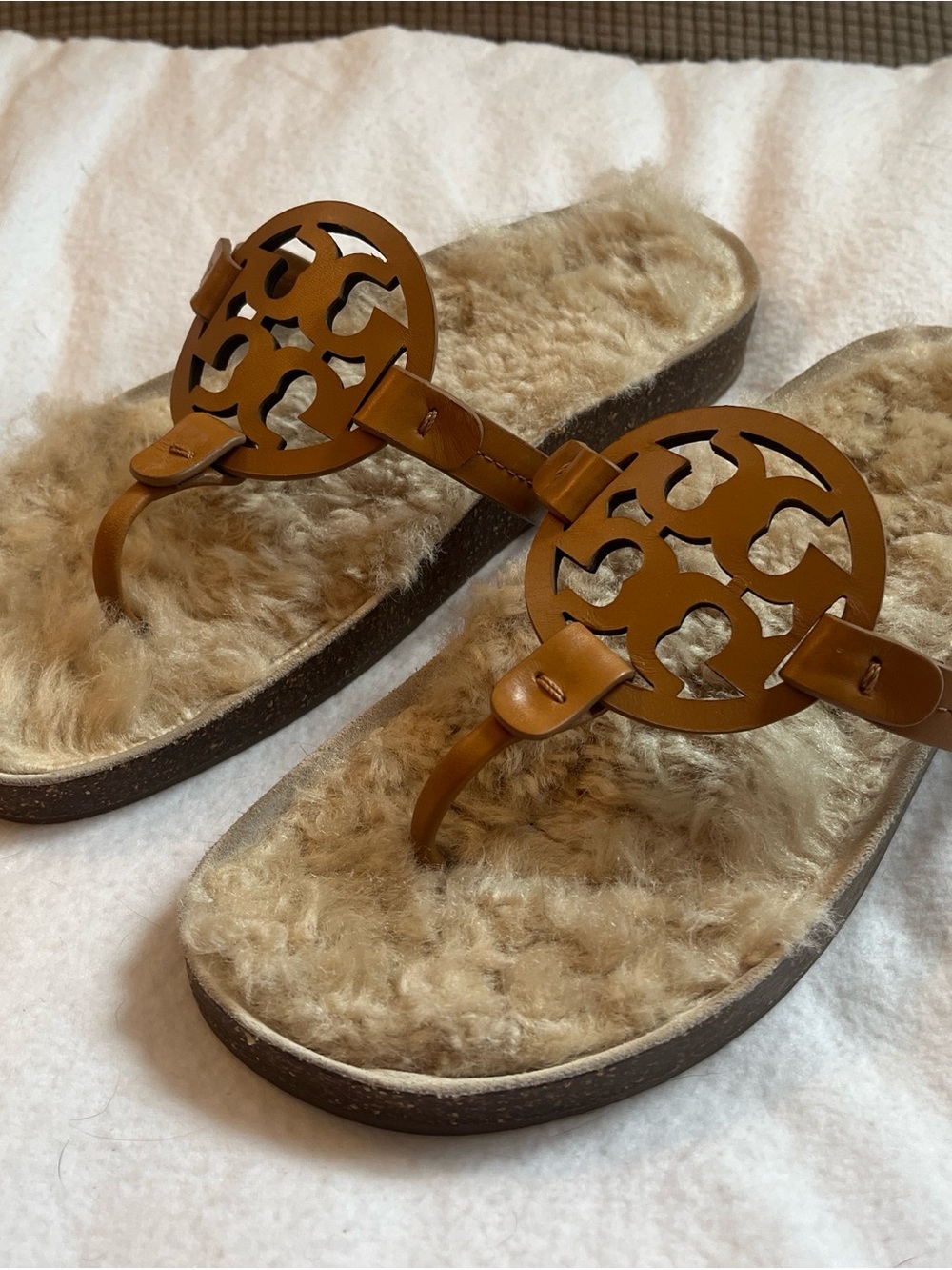 Tory Burch Cloud Miller Shearling Tan Leather Sandals